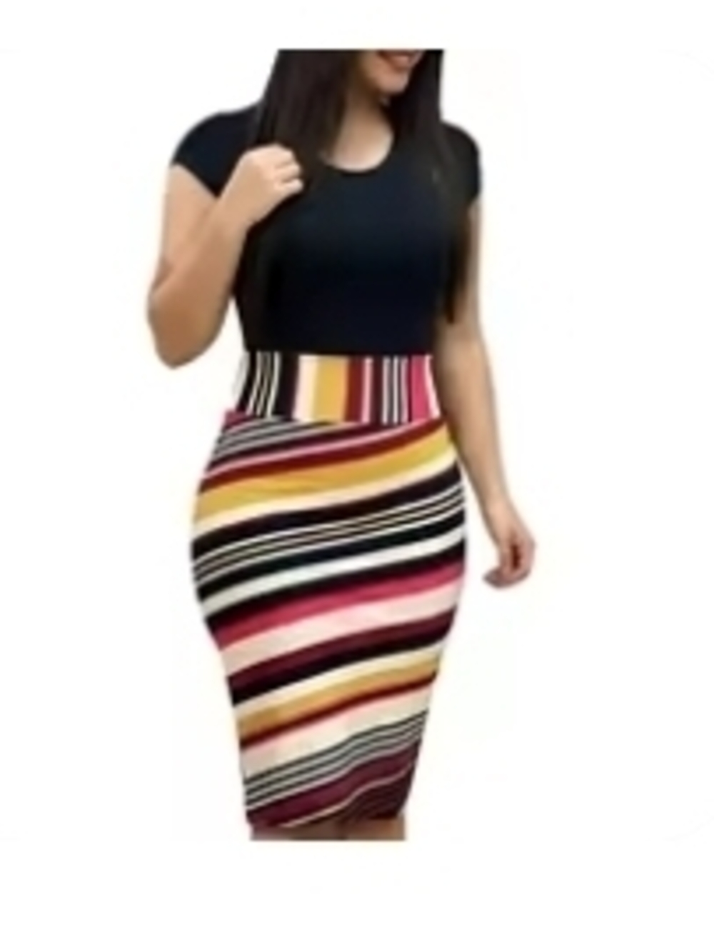 Black Top with Multicolor Striped Pencil Skirt